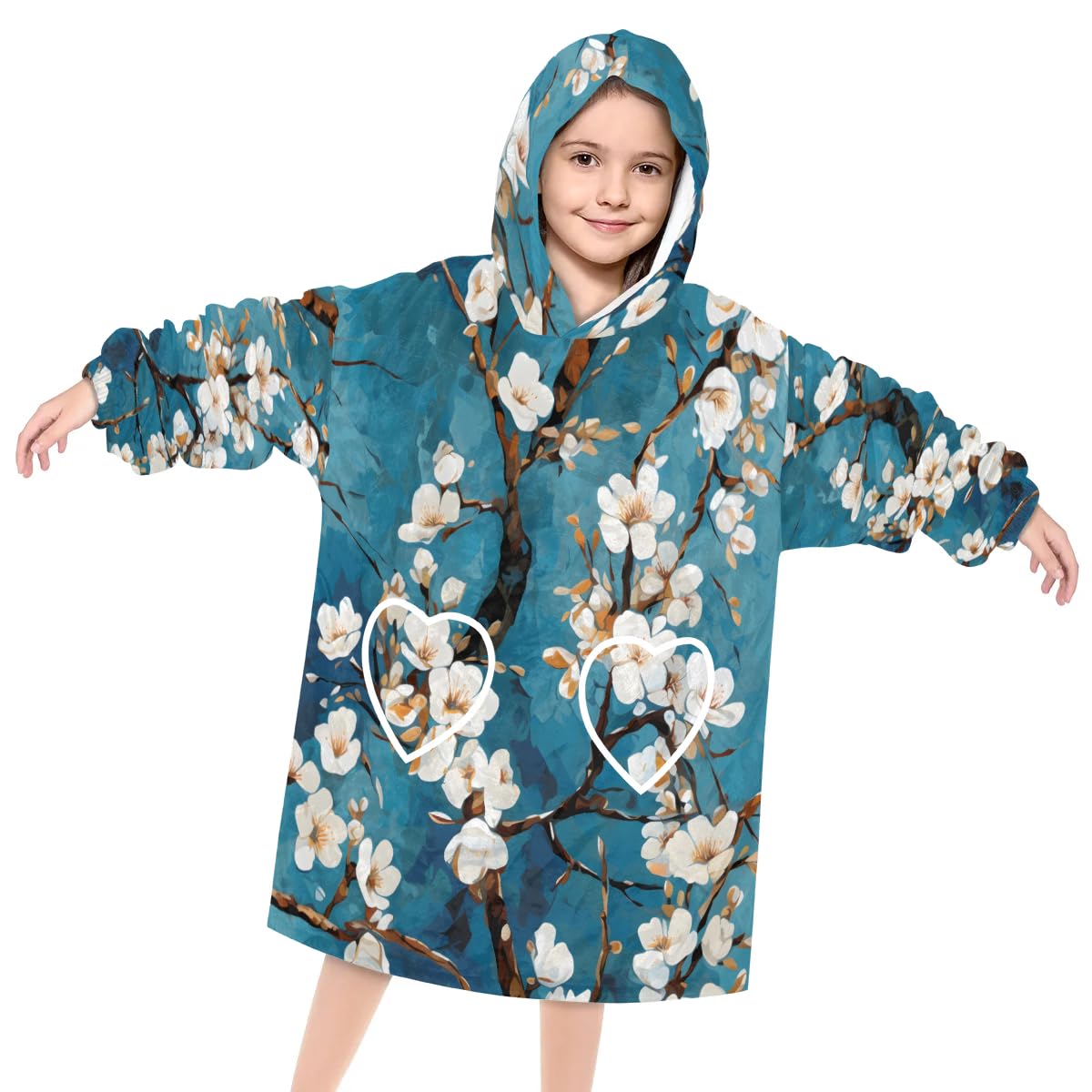 Pardick Wearable Blanket Hoodie for Kids, Graffiti Cherry Fleece Sweatshirt Blanket Oversized Blanket Sweatshirt with Pocket Flannel Warm Hooded Blanket 6-10 Year Old Girl Boy Gift, One Size