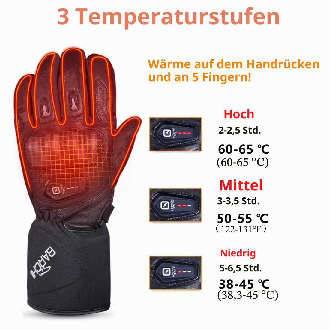 BARCHI Beheizte Handschuhe für Männer und Frauen, wiederaufladbare Motorradhandschuhe, elektrische Handwärmer, geeignet für Winterradfahren, Skifahren, Wandern, Laufen, Arbeiten, etc.