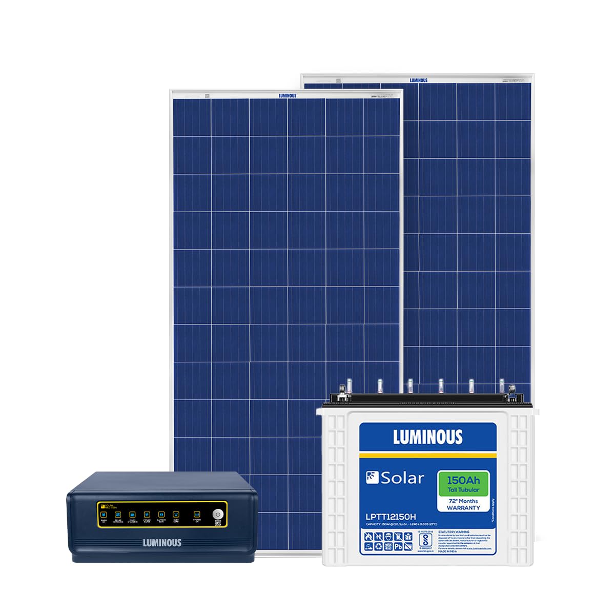 Luminous NXG+ 1100 Inverter (1) with LPTT 12150H Battery (1) and Solar Panel 165W (2), Blue