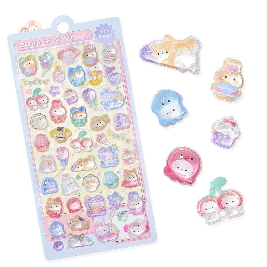 Cute Fantacy Theme Stickers Sheets Cute Stickers for Kids, Decoration, Journal, Korean Kawaii Crystal Like Sticker, Pack of 1 Sheet, Kawaii Style Kids Paper Sticker Set (Crystal 3D 1 Sheet)-image-35