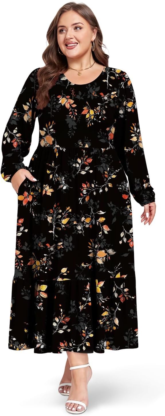 Moon Wood Women's Plus Size Maxi Dress Empire Waist Crew Neck Long Sleeve Dress with Pockets, Long Casual Dreses Daily Wear - Image 6