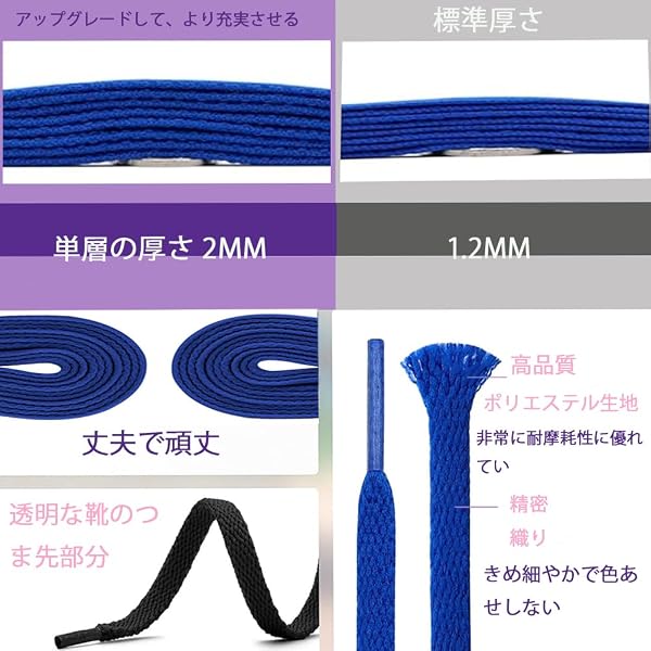 [Ezfishoom] 靴紐 シューレース 靴ひも【1足セット】 （ 毛羽立ち・ほつれ防止 滑り止めでほどけにくい 4～12穴） 汎用対応 クツグッズ フラット Shoelace 8mm幅 100cm 120cm 140cm 160cm スニーカー 平紐 - 5