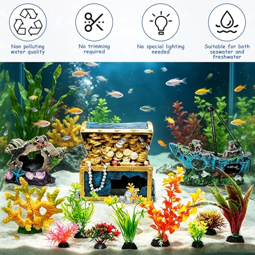 Lyjehervvs 21 Pcs Large Resin Aquarium Decor Set,Fish Tank Decorations,Pirate Shipwreck,Treasure Chest,Broken Barrel,Artificial Plants,Realistic Underwater Ornaments by Lyjehervvs - Image 3