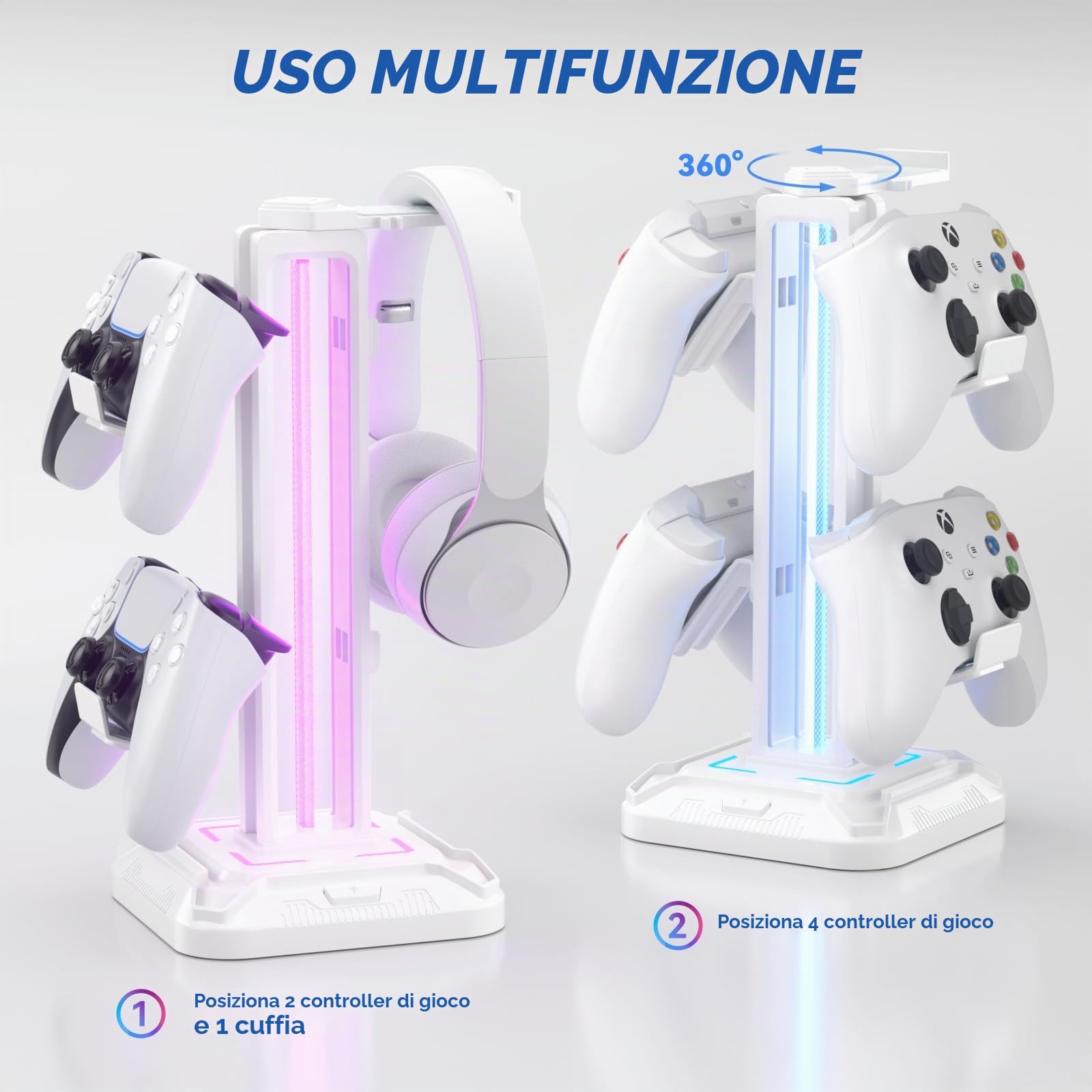 KDD Supporto Cuffie Gaming con 9 Modalità di Illuminazione - Porta Cuffie da Scrivania - Ruotabile Porta Controller & Staccabile Gancio Cuffie per Accessori Gaming Stanza PC Xbox PS5 PS4 (Bianco)