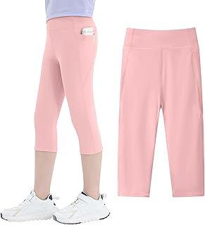 Leggings 3/4 para Niña con Bolsillos Elástico Transpirable Cortos Capri Mallas Cintura Alta Fitness Deporte Pantalones Niños Verano Sólido Color Pantalón Gym Baile Legging 5-11 Años