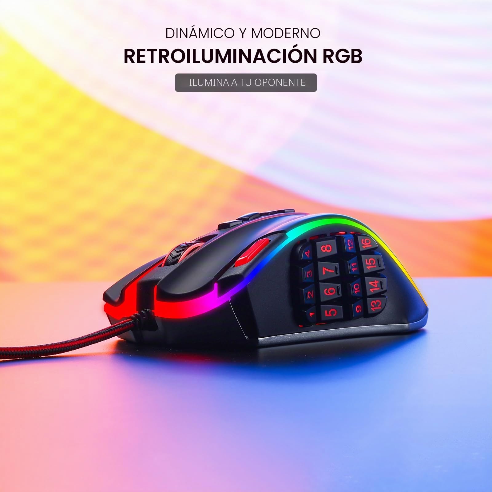 Redragon M990 MMO - Ratón para juegos, 32000 DPI de alta precisión con cable RGB con 23 botones programables, 16 teclas macro laterales, soporte de software, base de aluminio