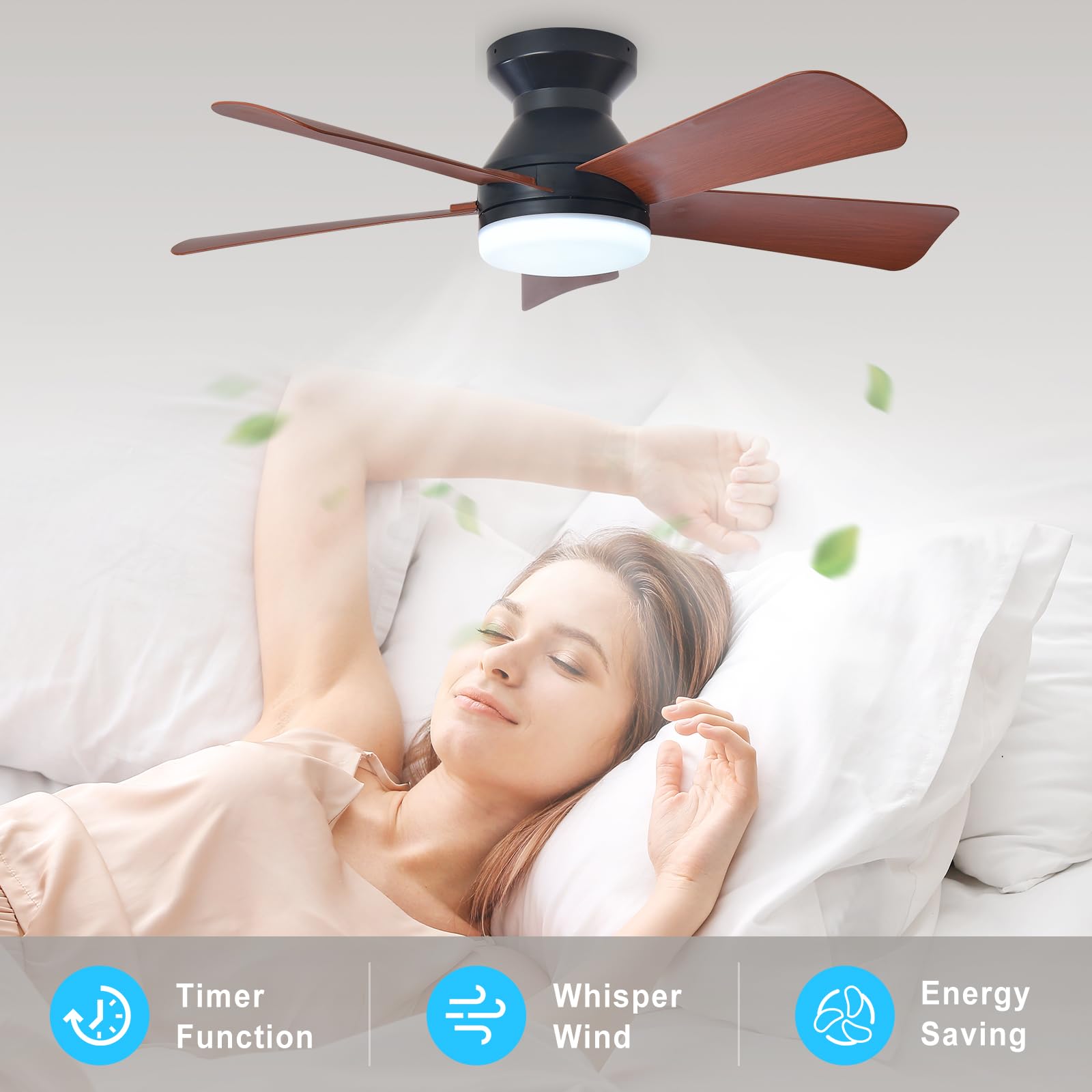 Depuley Ventilador de techo moderno con luz: Ventiladores pequeños negros de 35 pulgadas para dormitorio - Ventiladores de techo empotrable regulables con mando a distancia 5 aspas de nogal invertido
