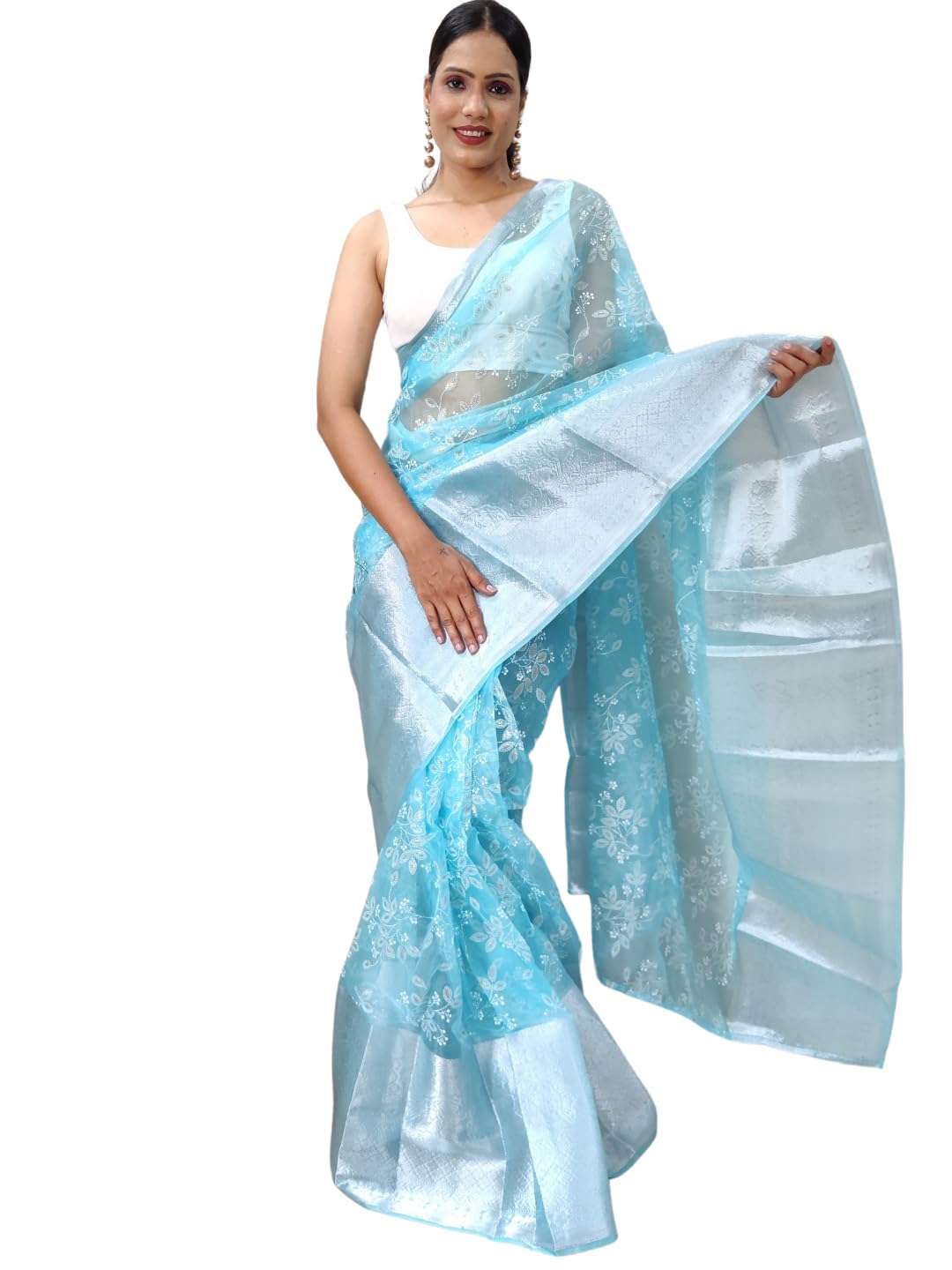 Shiv Textiles Womens Floral Printed Organza Zip And Go Pre-Stitched Saree  Effortless Wear & Comfort : Ready To Wear Saree(Sb-St-R-12-Sky)