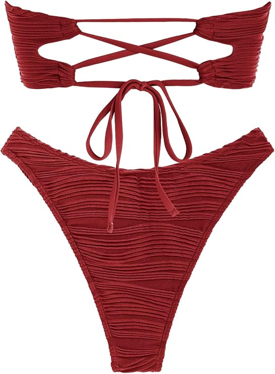 ZAFUL Women Strapless Textured Bandeau Bikini 2 Piece Swimwear Cheeky Solid Lace up Bathing Suits