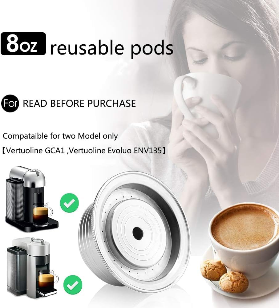 Cápsulas de café recargables de acero inoxidable reutilizables (8 onzas, 240 ml), compatibles con cápsulas Nespresso Vertuo Espresso, cápsulas recargables, 1 cuchara reutilizable, 1 cepillo (plata)
