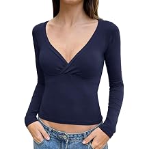 Womens Long Sleeve Tops Cross Wrap V Neck Causal Going Out Shirts Ruched Slim Fit Crop Top Outfits Streetwear