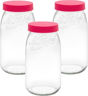 Le Parfait Screw Top Jar Wide Mouth French Glass Jar | Ideal for Food and Soup Storage, Canning, Flour, Brown Sugar, and other Baking Supplies (3L/96oz, Pack of 3, Raspberry)