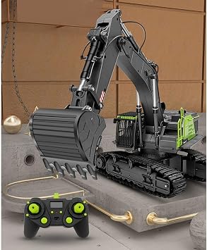 Remote Control Excavator 22CH 4-in-1 RC Excavator Truck Vehicles, 360 Rotation Digger with Metal Shovel Drill Grab and Lights Sounds, 1:14 Simulation RC Truck for Adult - Green