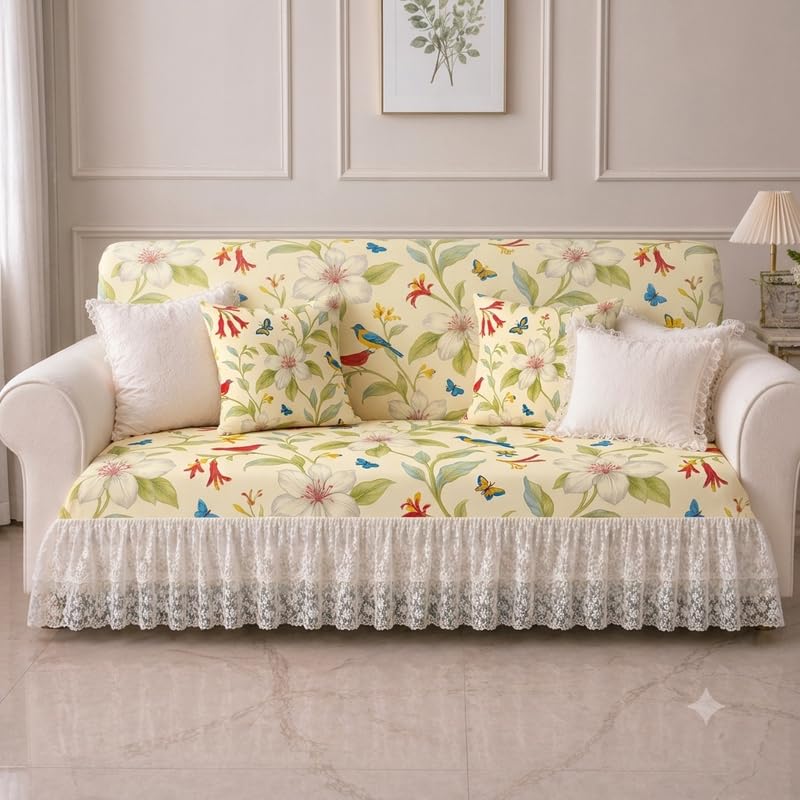 Bird Floral L Shape 5 Seater Sofa Cover Set | Fits 2+2+Corner or 2+2+1 Layout | 221 Lace Frill French Coutry Sofa Throw with Fully Covered Seat, Handrest & Armrest Covers | Cozy French Country Decor-picture-11