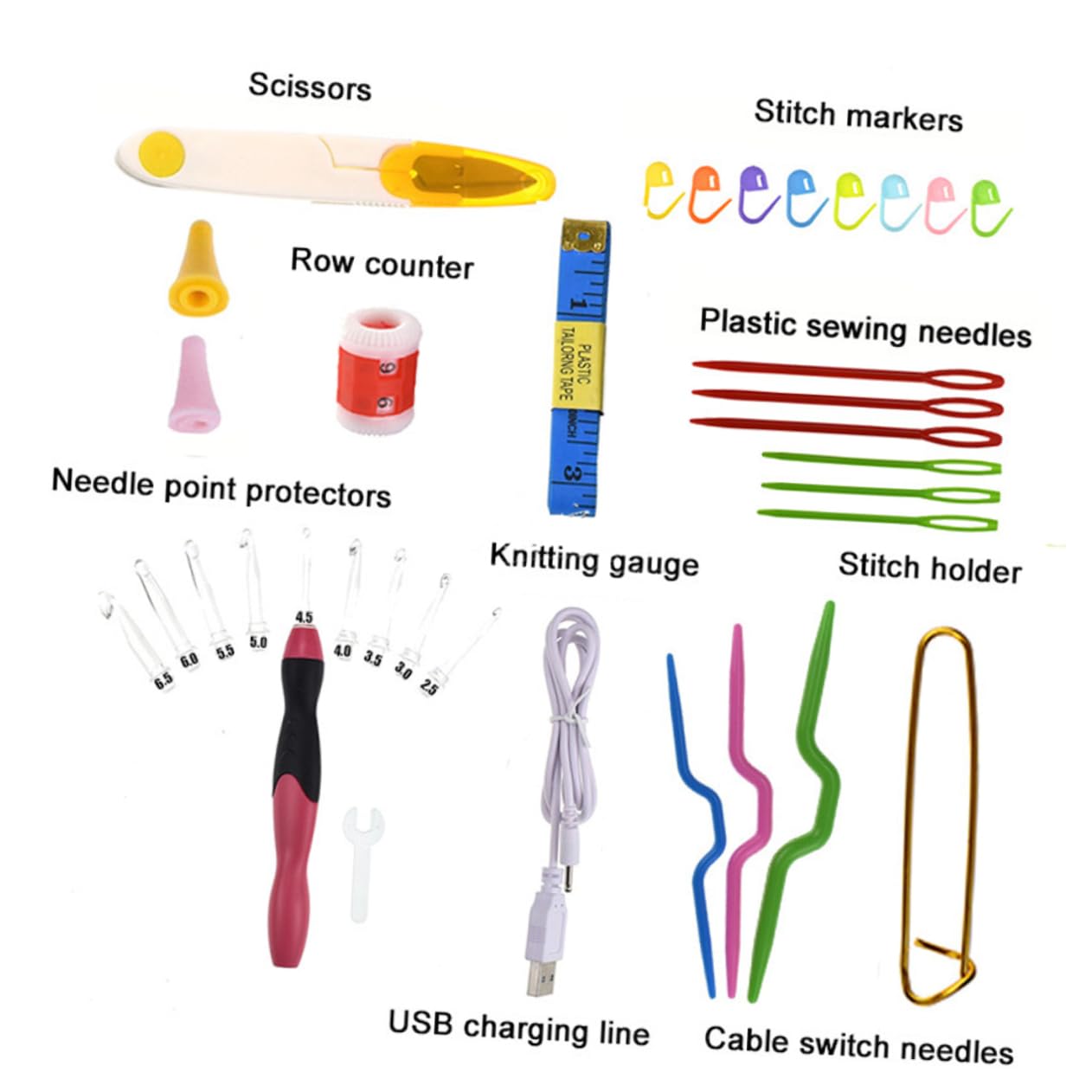 STOBOK 38pezzi Uncinetti Led Con Aghi Per Lavorare Maglia Strumenti Di Cucito e Accessori Per Lavori Manuali Include Scissors e Contatore Di Righe