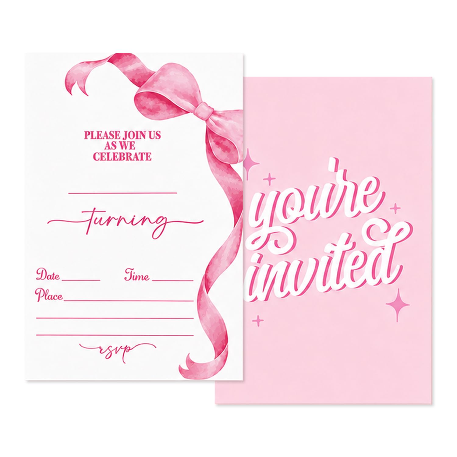 20 Pcs Birthday Party Invitations for Girls, Girls Party Invitations with Pink Ribbon Bow Design, Party Invites Cards and Envelopes for Girls Birthday Baby Shower Wedding Party