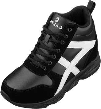 CALTO Mens Invisible Height Increasing Elevator Shoes - Black/White Lace-up High-Top Hiking Style Sneaker Boots - 3.6 Inches Taller - S22783 - Size 8 DM US