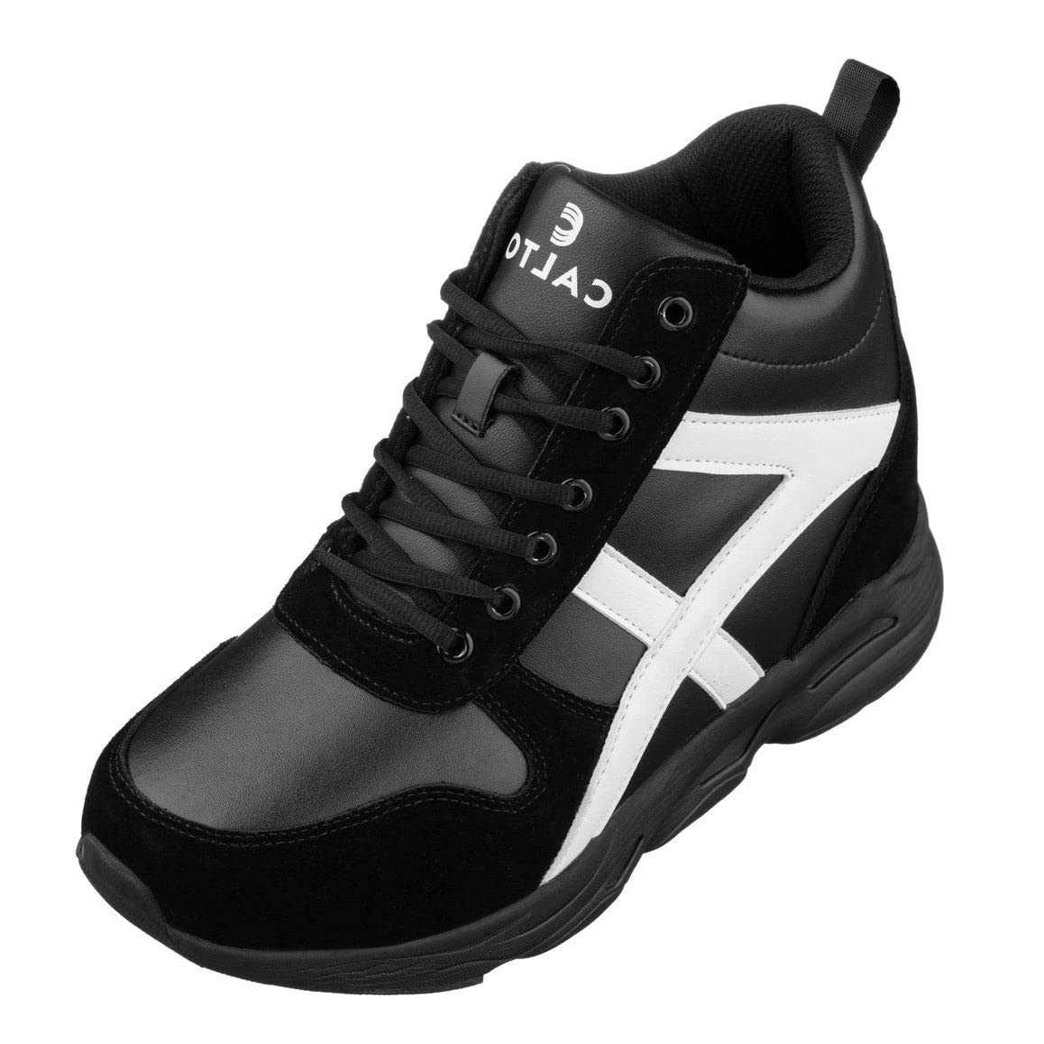 CALTO Men's Invisible Height Increasing Elevator Shoes - Black/White Lace-up High-Top Hiking Style Sneaker Boots - 3.6 Inches Taller - S22783 - Size 8