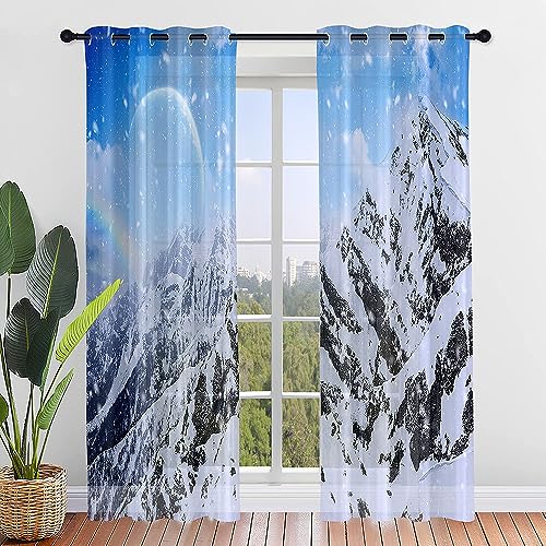 ENEN Lot de 2 Rideau Voile, Scène de Neige en Hiver Rideau Voilage Translucides Rideaux avec Oeillets pour Salon, Coucher Voilage Chambre Panneaux de Rideaux...
