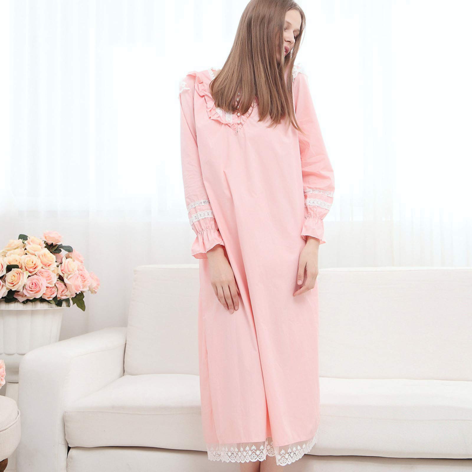 OFFSUM Camicia da Notte Donna - Spring Plus Size Round Neck Casual Lingerie Dress Fashion Elegant Princess Nightdress Solid Color Cotton Nightgit
