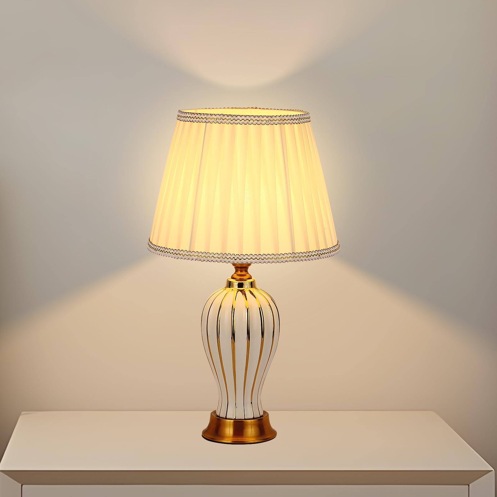 LáMpara De Mesa Moderna E27 LáMpara Nocturna De CeráMica Retro LáMpara De Mesa De Tela Blanca IluminacióN Decorativa De La Sala De Estar Dormitorio Estudio Lectura LáMpara De Cabecera (Blanca)