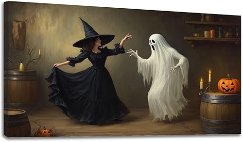 Miniatura 19 de 20"x 40" Canvas Wall Art Halloween Witch Moody Ghost Dancing Rustic Vintage Style Framed Pictures Painting Prints Large Wall Art for Living Room