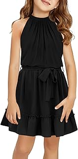 Girl's Halter Neck Sleeveless Summer Dress Tie Waist A-line Sundress Mini Swing Pleated Dress for Girls 4-12 - Buy now