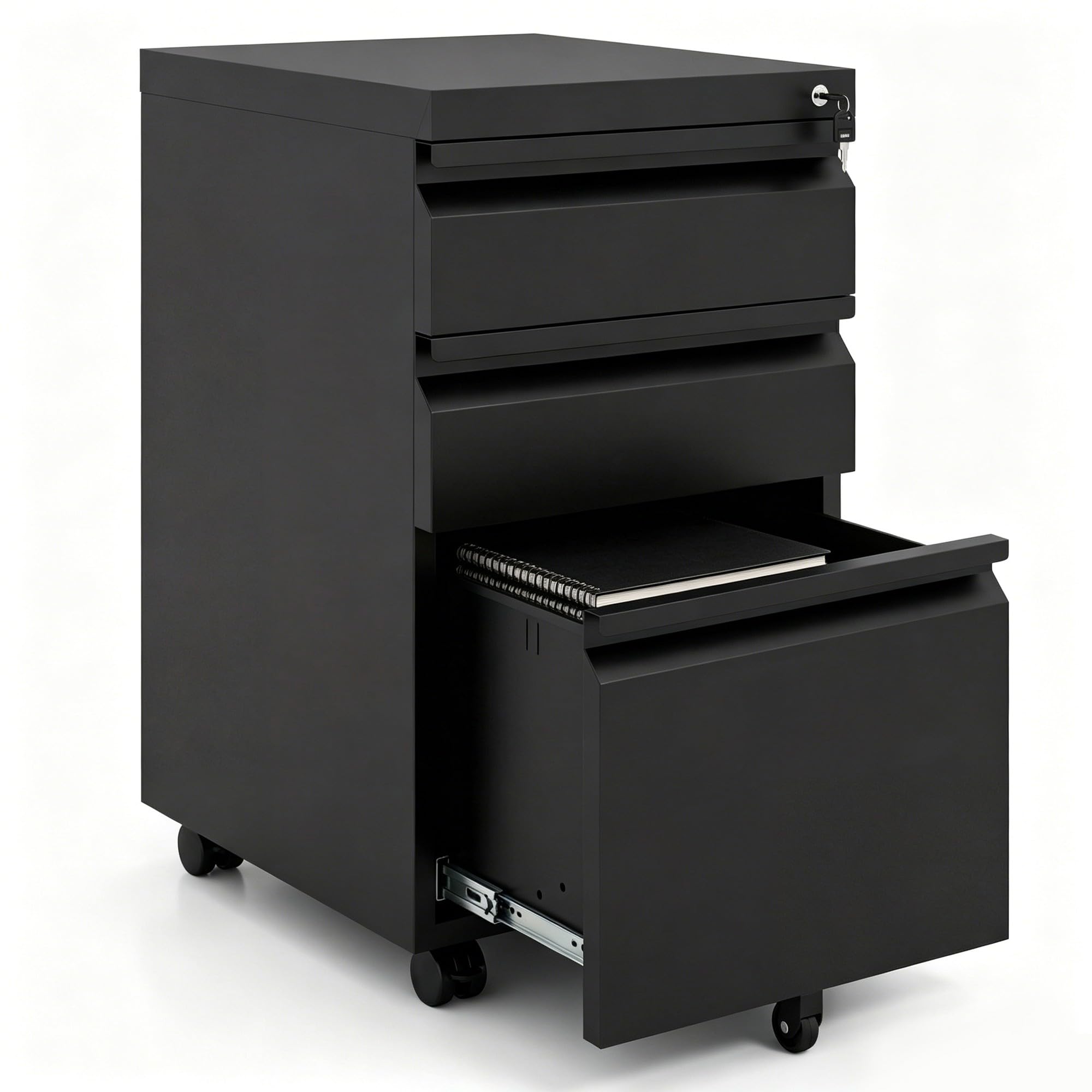 KOMFOTTEU Armario Archivador Móvil con 3 Cajones, Cajonera de Oficina con 5 Ruedas Universales, Cerredura y 2 Llaves, Cómoda Escritorio para Documentos, Soporte Impresora, 44 x 37 x 60 cm (Negro)