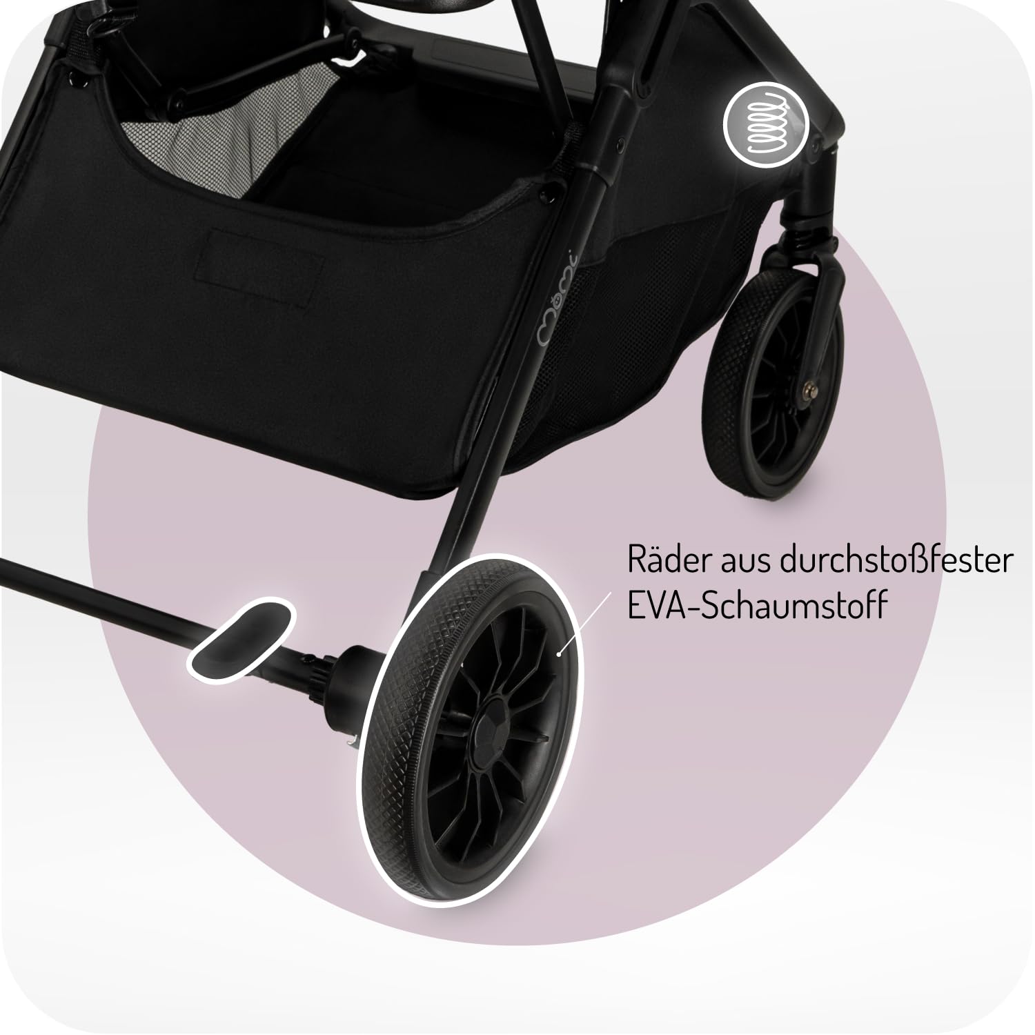MoMi Kinderwagen ANDREA mit automatischem Faltsystem, bis 22 kg Körpergewicht, 5-Punkt-Sicherheitsgurt, Getränkehalter, Einkaufskorb, Tasche, Insekten- und Regenschutz, mit Zwillingsfunktion