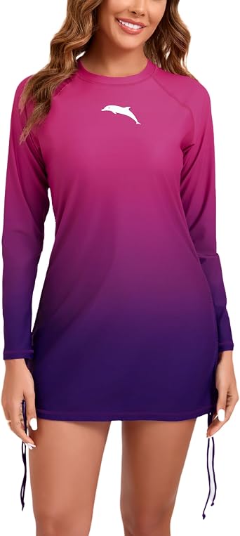 Halcurt Womens Long Sleeve Rash Guard Swim Shirt with Tie Drawstring UPF 50+ Sun Protection Swimsuit Top
