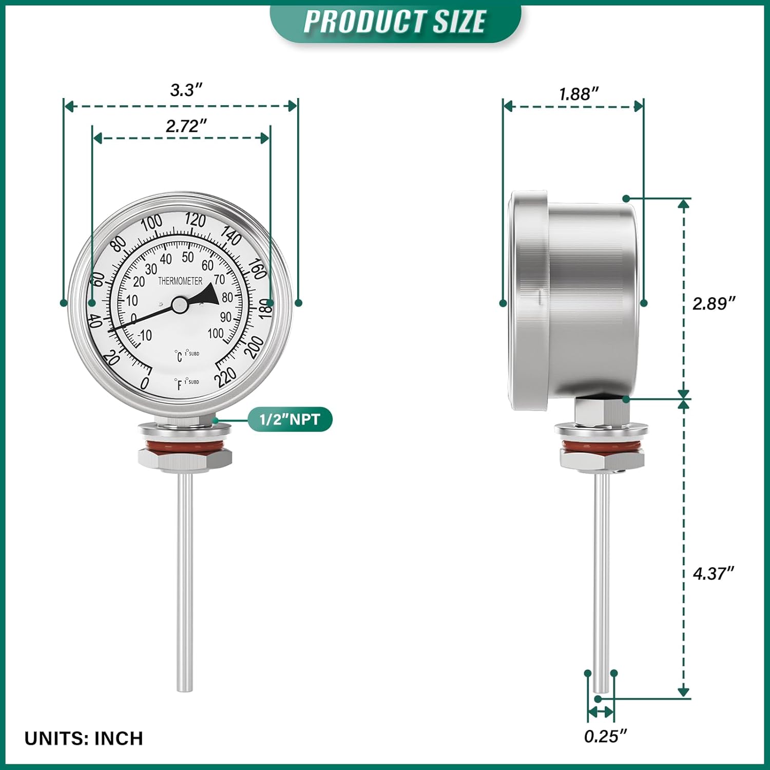 1/2" NPT Bimetal Thermometer, 0-220°F/-10-100°C, 3.2" Dial, 4.4" Stainless Steel Stem, Lower Mount, for Water, Oil, Steam, Boilers, Pipes