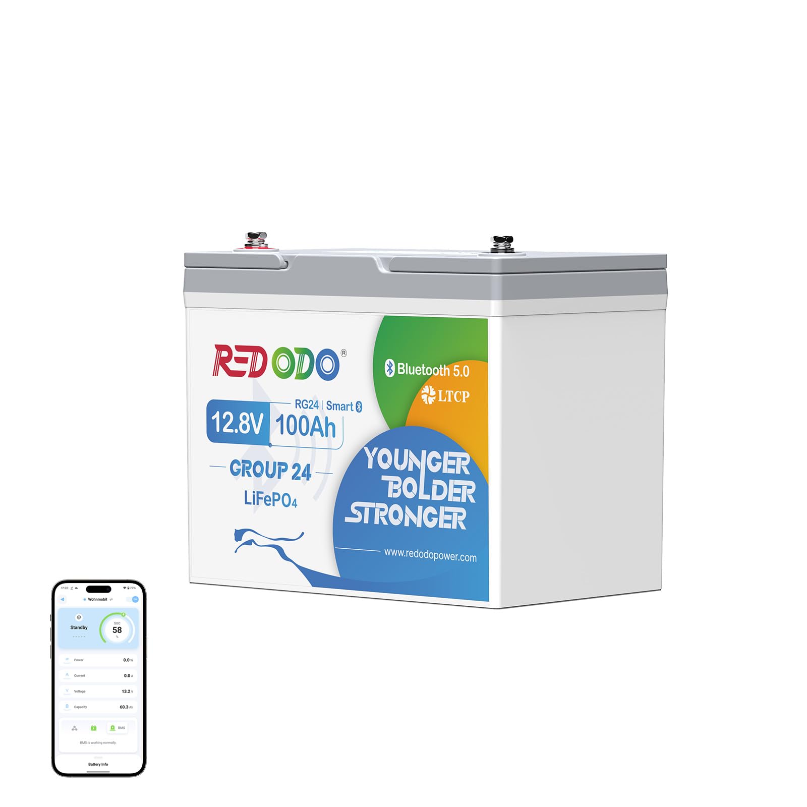 Redodo 12V 100Ah Group24 Bluetooth Batteria Litio,Batterie Lifepo4 con Protezione a Bassa Temperatura,Ricaricabile,Protezione 100A BMS,15000 Cicli Profondi,per Camper,Sistema Solare,Barca,Off-Grid