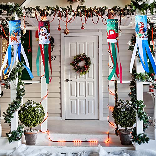 Tiamon 4 Pieces Christmas Windsock 40 Inches Hanging Outdoor Winter Decor with Snowman Santa Elk Red Truck Wind Sock Flags Banners Yard Holiday Decoration with Colorful Stripes for Holiday Garden