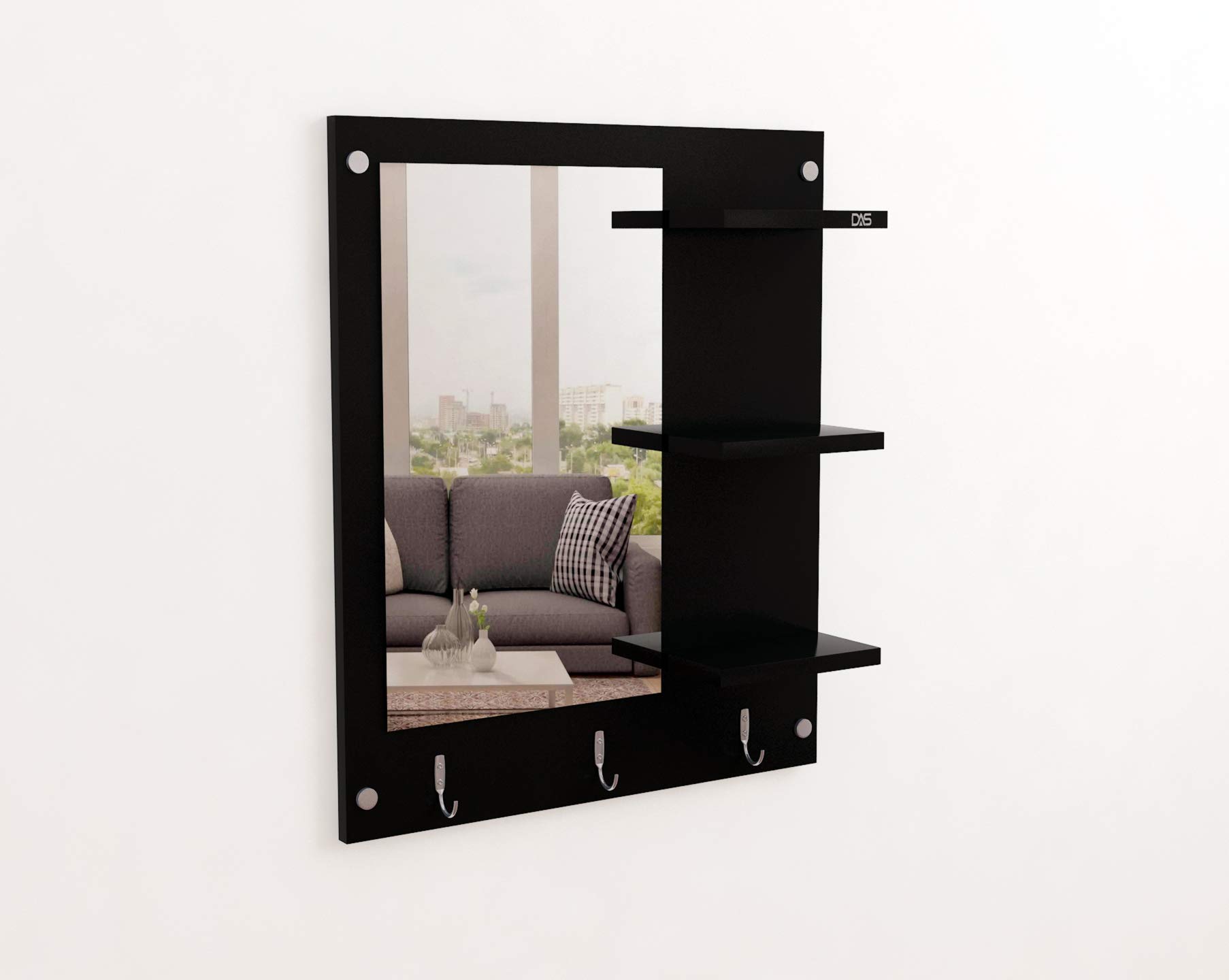 DAS Wall Mount Makeup Vanity Dresser Dressing Mirror/Glass/Table and Multipurpose Rack Shelves with Elegant Double Stainless Steel Hooks (Black)- Evelyn 1