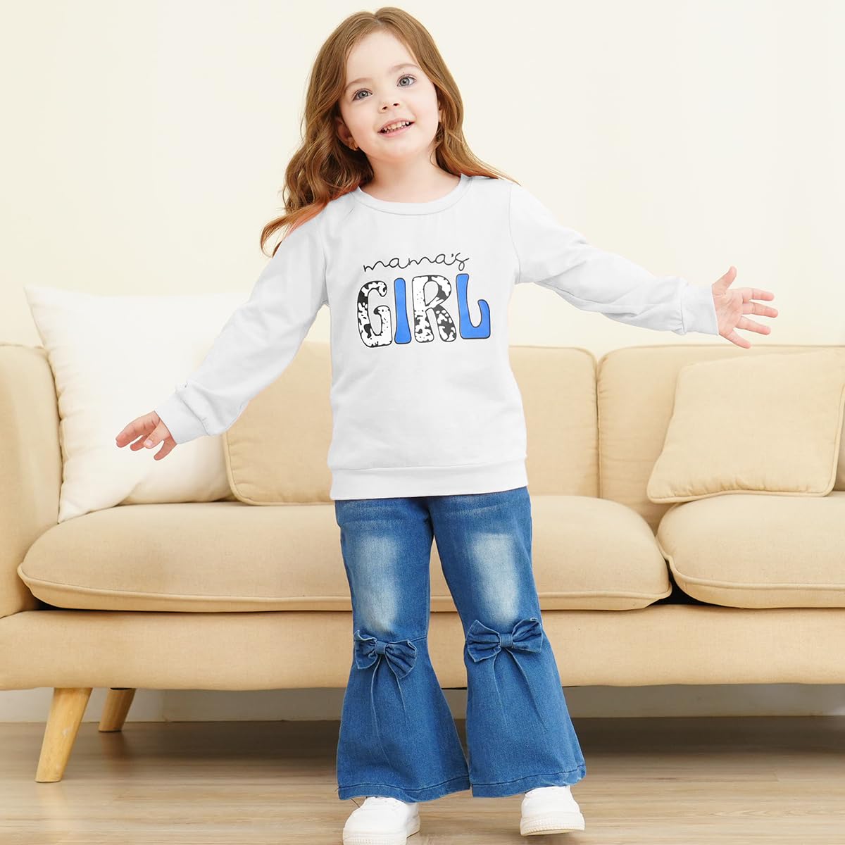 Ropa de niña de manga larga con estampado de dibujos animados y letras + pantalones acampanados con estampado de papelería de frutas