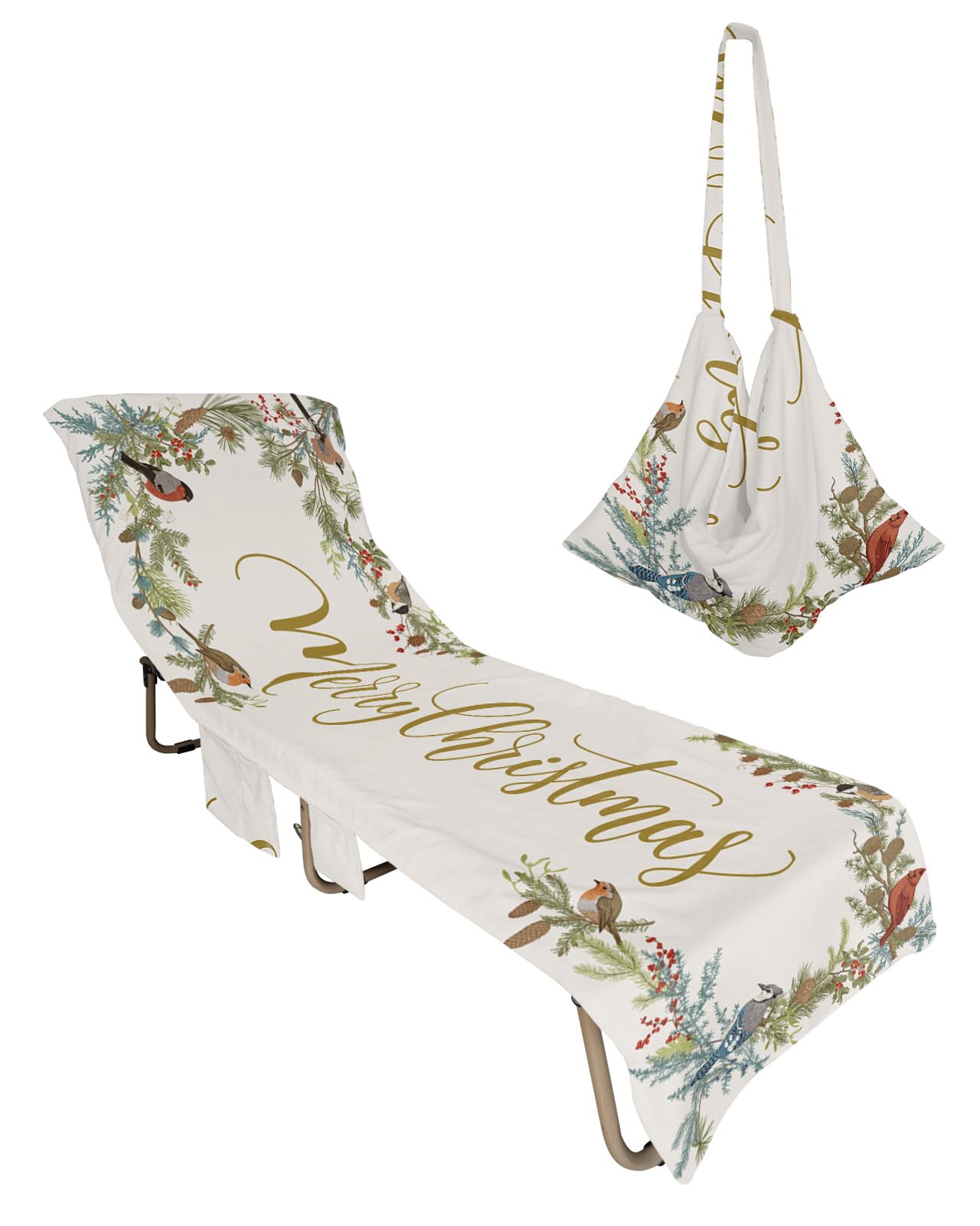 Christmas Beach Chair Towel Covers for Chaise Lounge with Side Pocket, Soft Plush Pool Towels Cover for Patio Sunbathing Outdoor 29''x85'' Vintage Country Pine Branch Red Bird