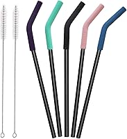 Vista 8 de Juego de 5 pajitas de acero inoxidable Senneny con puntas flexibles de silicona con cubierta de codos, 2 cepillos de limpieza y 1 bolsa portátil