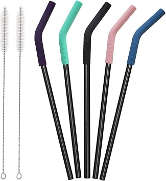 Senneny Set of 5 Stainless Steel Straws with Silicone Flex Tips Elbows Cover, 2 Cleaning Brushes and 1 Portable Bag Included Black- 8mm diameter
