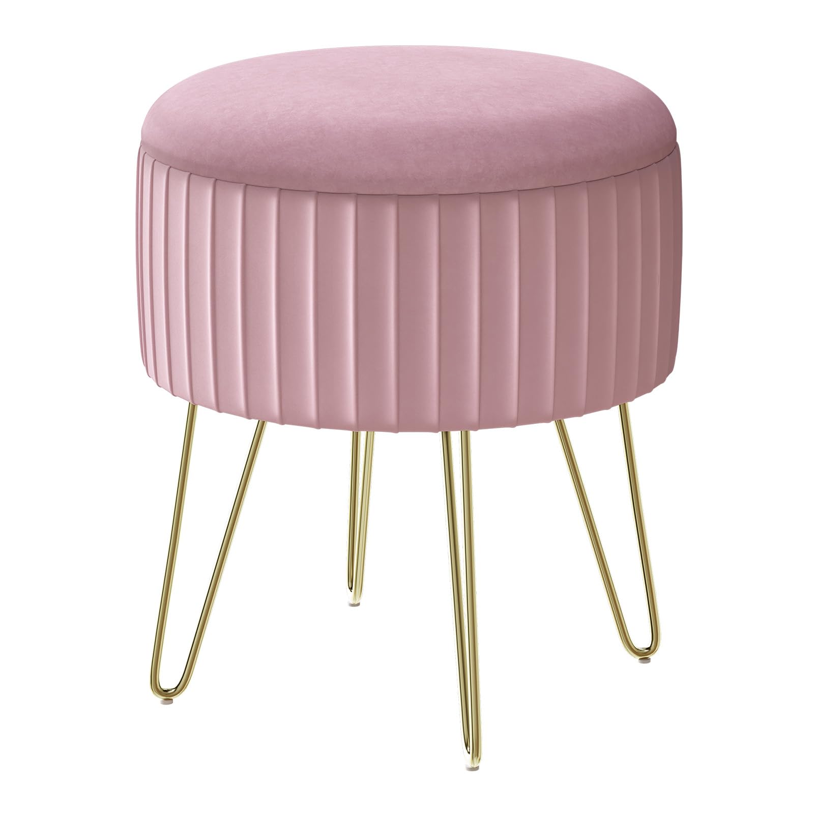WOLTU Pouffe Storage, Living Room Ottoman, Velvet Round Stool, Chest Puff for Living Room/Bedroom/Entrance, Metal Legs, φ31.5x37.5cm, Light Pink, SH105rs
