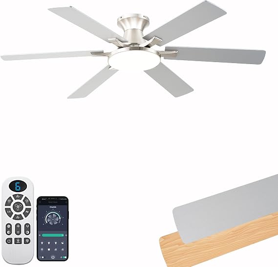 Ceiling Fans with Lights,54 Inch Low Profile Ceiling Fan with Light and Remote Control,6 Speeds/6 Blade,Flush Mount,LED Dimmable DC Reversible Modern, Nickel Ceiling Fan for Bedroom/Living Room