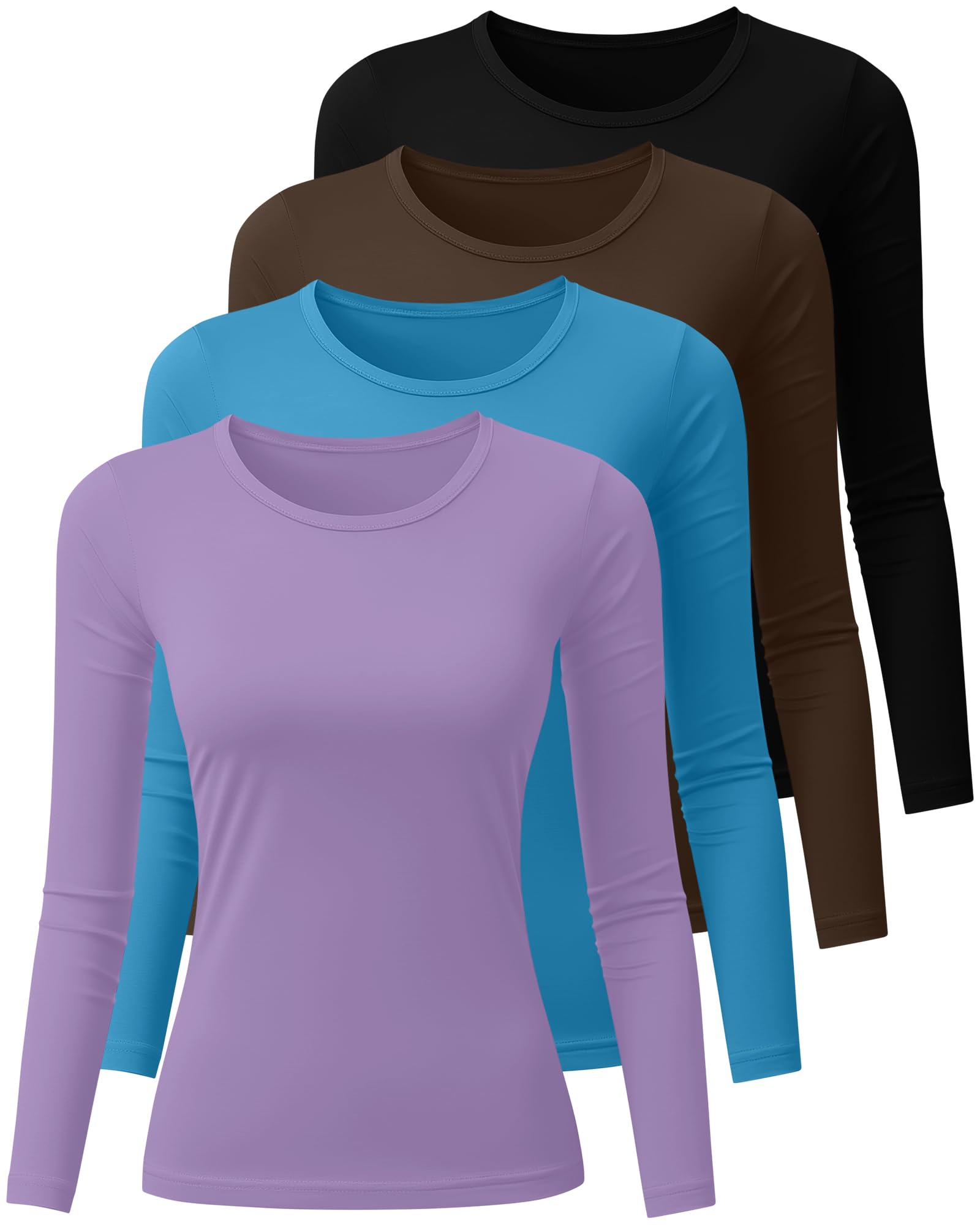 Neer Lot de 4 chemises à manches longues pour femme - Col rond - Coupe ajustée - Extensible et décontracté