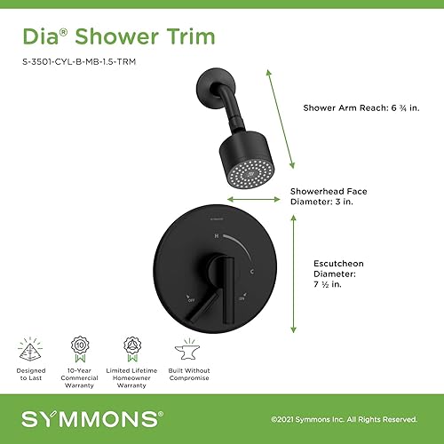 Miniatura 2 de Symmons S-3501-CYL-B-MB-1.5-TRM - Moldura de ducha de un solo mango con control de volumen secundario en negro mate, 1.5 GPM (válvula no incluida)