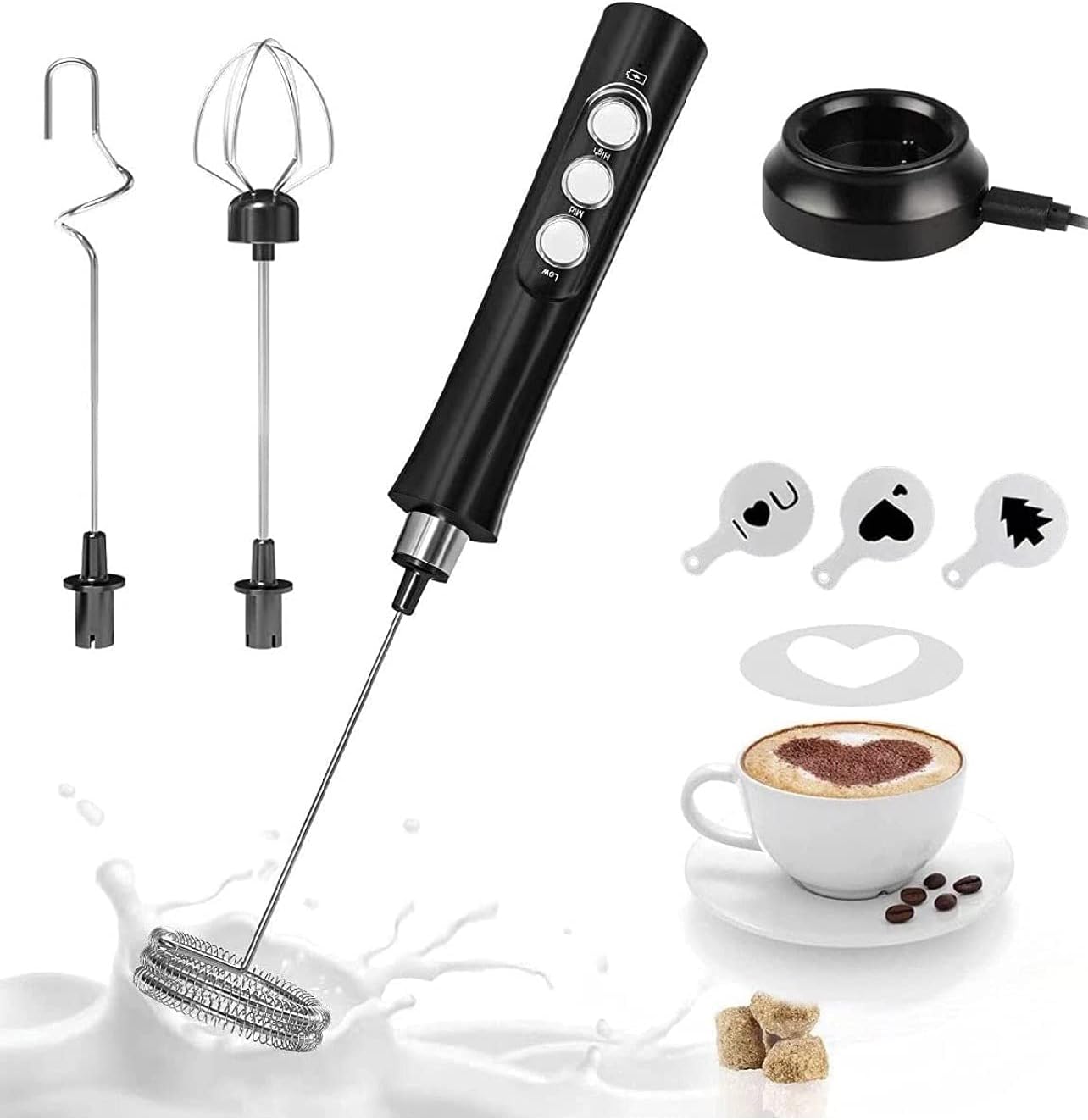 Coffee Tea Chai Latte Foam Maker Mini Cream Frother Handheld Black Duo Whisk Set Egg Mixer and Milk Frother