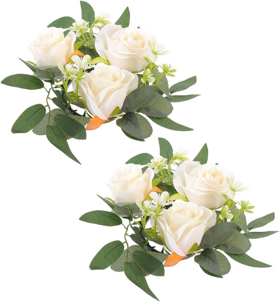 Baluue Artificial Rose Candle Wreath 10.62 Inch Floral Candle Ring Realistic Simulated Flower Tea Light Holder for Wedding Home Table Decoration
