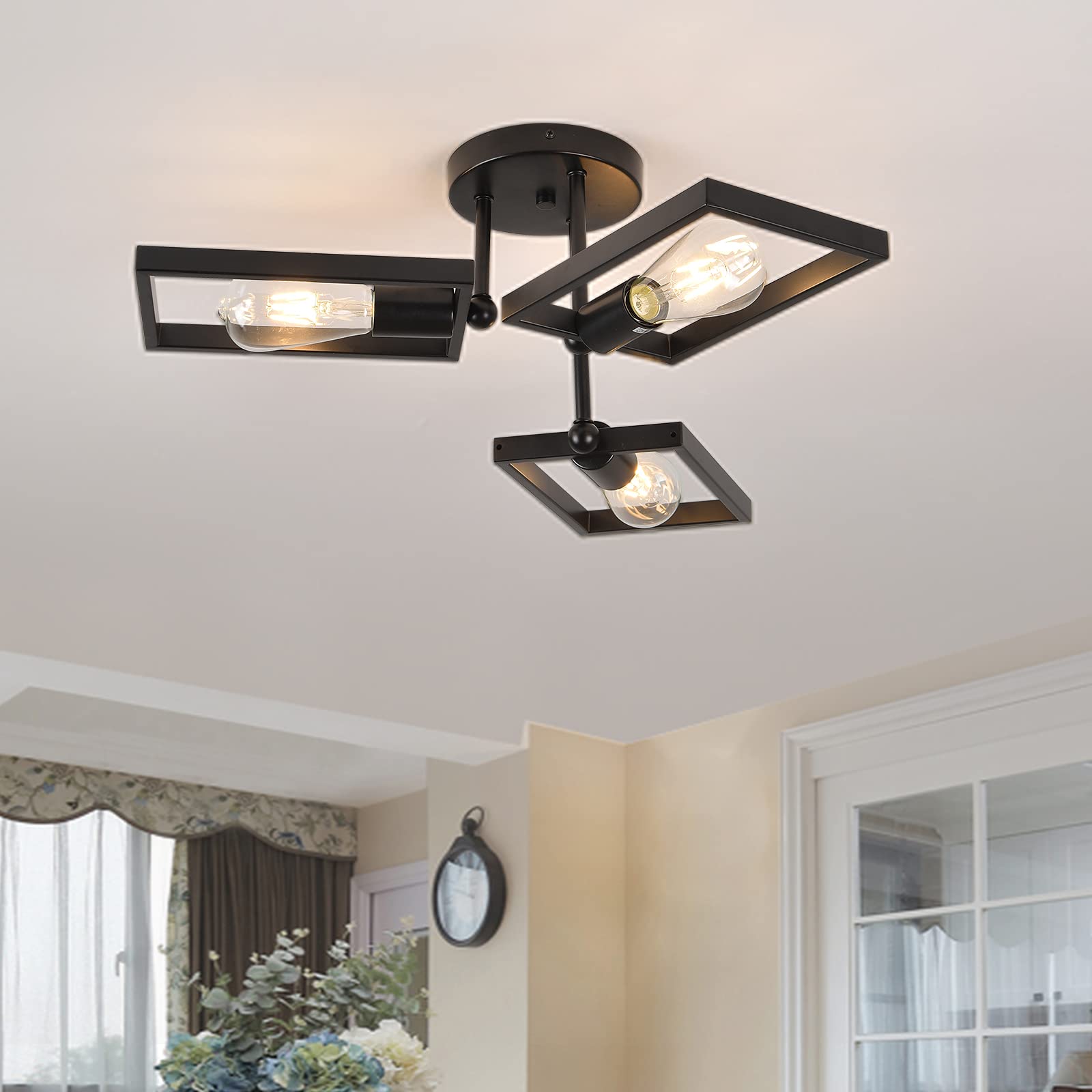 LOSHYIN Semi Flush Mount Ceiling Light Fixture 3-Light Modern Sputnik Chandelier Vintage Black Metal Industrial Ceiling Lamp Fixture for Farmhouse Kitchen Bedroom Living Room Dining Room Foyer