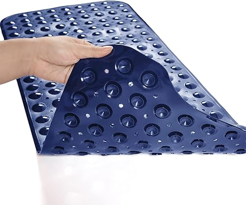 Miniatura 2 de Tapetes para bañera y ducha, antideslizante, 39 x 16 pulgadas, extra larga, lavable a máquina, con orificios de drenaje, ventosas para baño (azul
