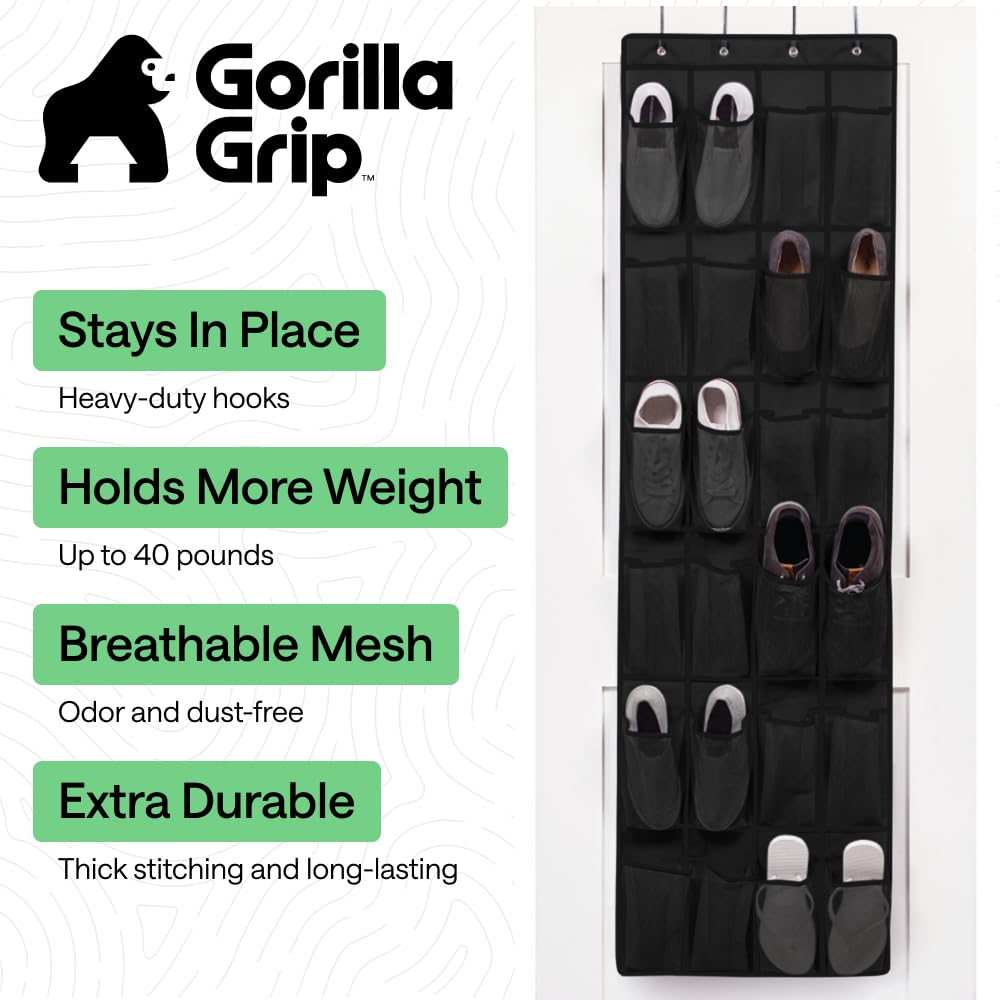 GORILLA GRIP Over the Door Shoe Organizer, 24 Large Breathable Mesh Pockets, Space Saving Hanging Storage Holder, Closet Rack Hanger Holds Up to 40 lbs, Hangs on Closets for Shoes, Accessories, Black - 3