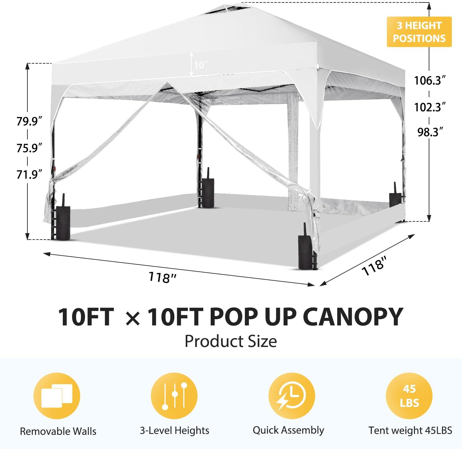10x10 FT Pop Up Canopy with 4 Clear PVC Sidewalls, Instant 1-Button Push Canopy Tent for Outdoor Activities & Events