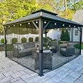PURPLE LEAF Hardtop Gazebo Patio 12' x 14' Aluminum with Light, Grey