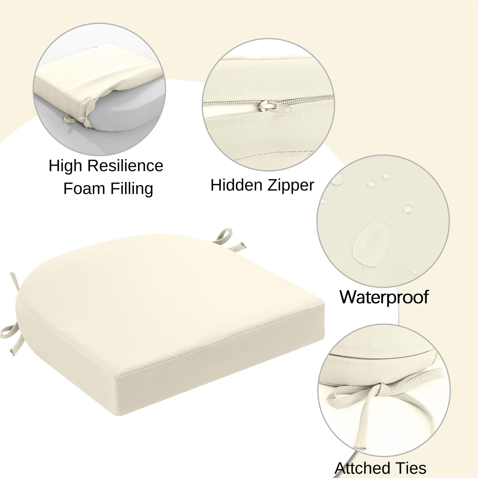 Juego de 2 cojines para sillas de jardín de exterior de 7 cm de grosor, impermeables, con lazos, para muebles de exterior, almohadillas para sillas de comedor en forma de U, 50 x 50 cm